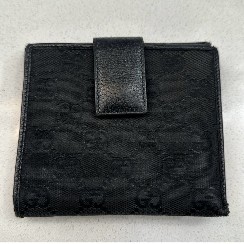 Gucci Black GG Monogram Canvas Double Snap Wallet Compact Bifold